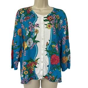 Talbots Cardigan Sweater Womens XLP Blue Bold Floral Petite XL Grandmillennial